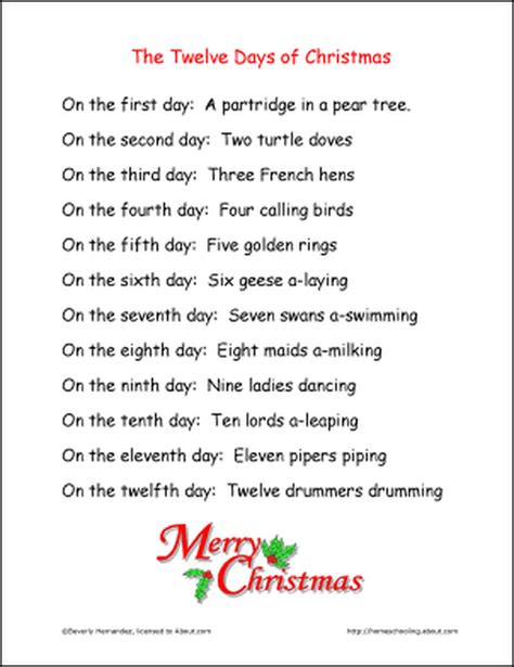 Words For 12 Days Of Christmas Song Printable